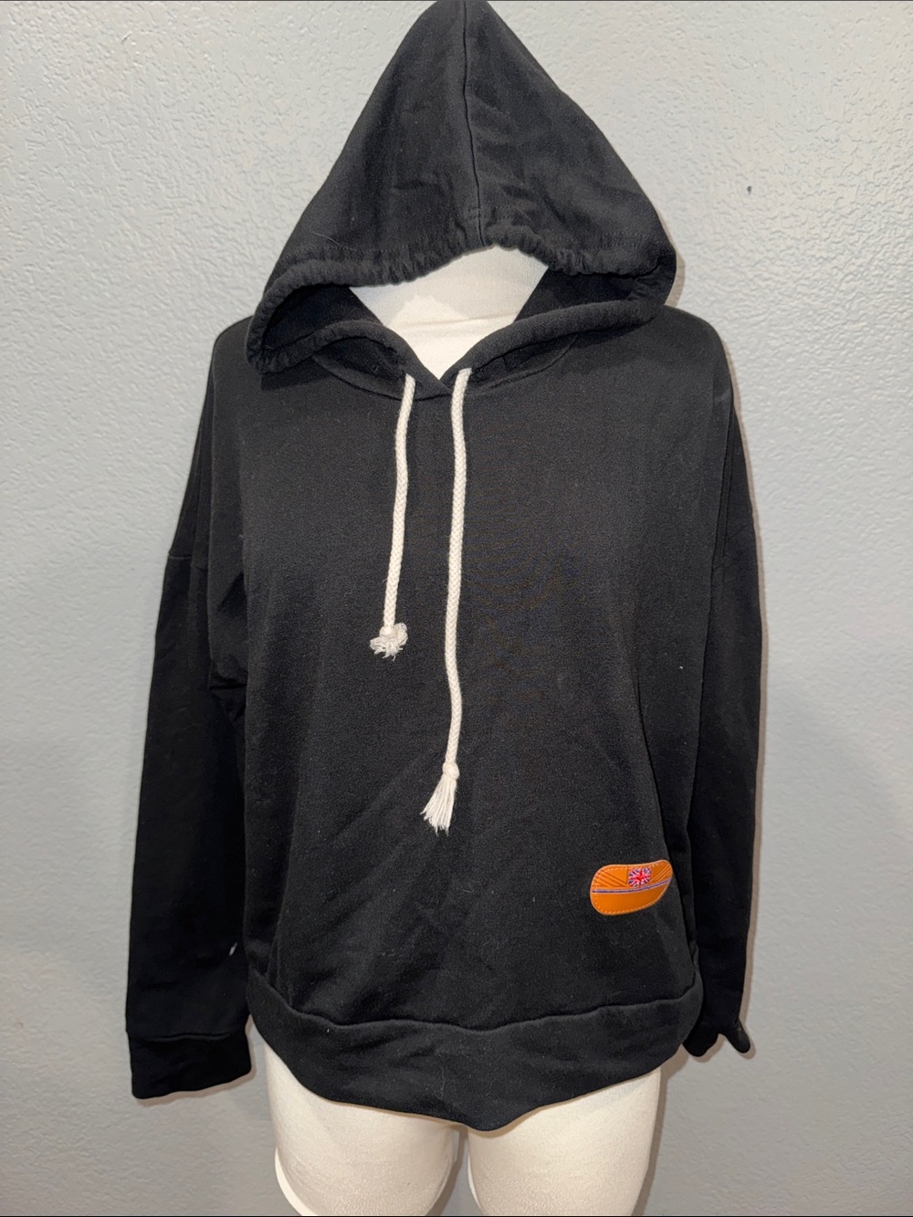 Black Hooded Pullover Sweatshirt with Contrast Drawcord and Patch